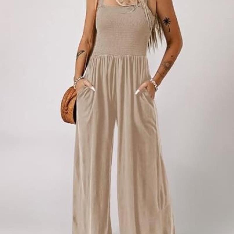 Women's Casual Loose Overalls Jumpsuits One Piece Sleeveless Wide Leg Long Pant Rompers With Pockets