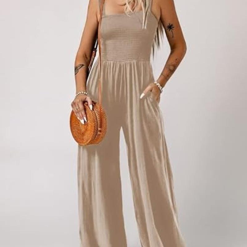 Women's Casual Loose Overalls Jumpsuits One Piece Sleeveless Wide Leg Long Pant Rompers With Pockets