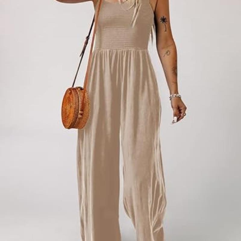 Women's Casual Loose Overalls Jumpsuits One Piece Sleeveless Wide Leg Long Pant Rompers With Pockets