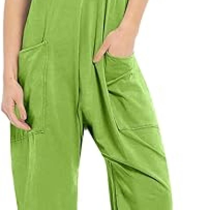 Womens Casual Sleeveless Jumpsuits Spaghetti Strap Loose Romper Long Pants with Pockets