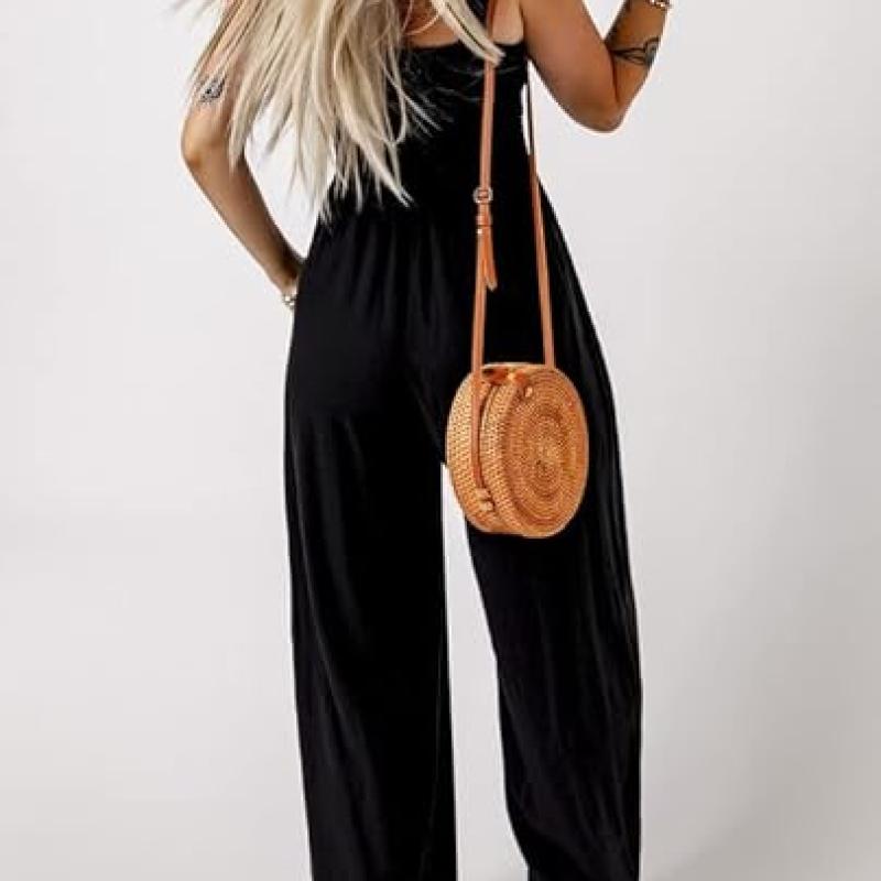 Women's Casual Loose Overalls Jumpsuits One Piece Sleeveless Wide Leg Long Pant Rompers With Pockets