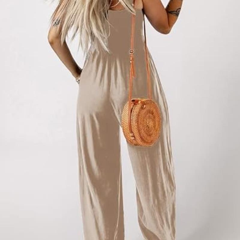 Women's Casual Loose Overalls Jumpsuits One Piece Sleeveless Wide Leg Long Pant Rompers With Pockets
