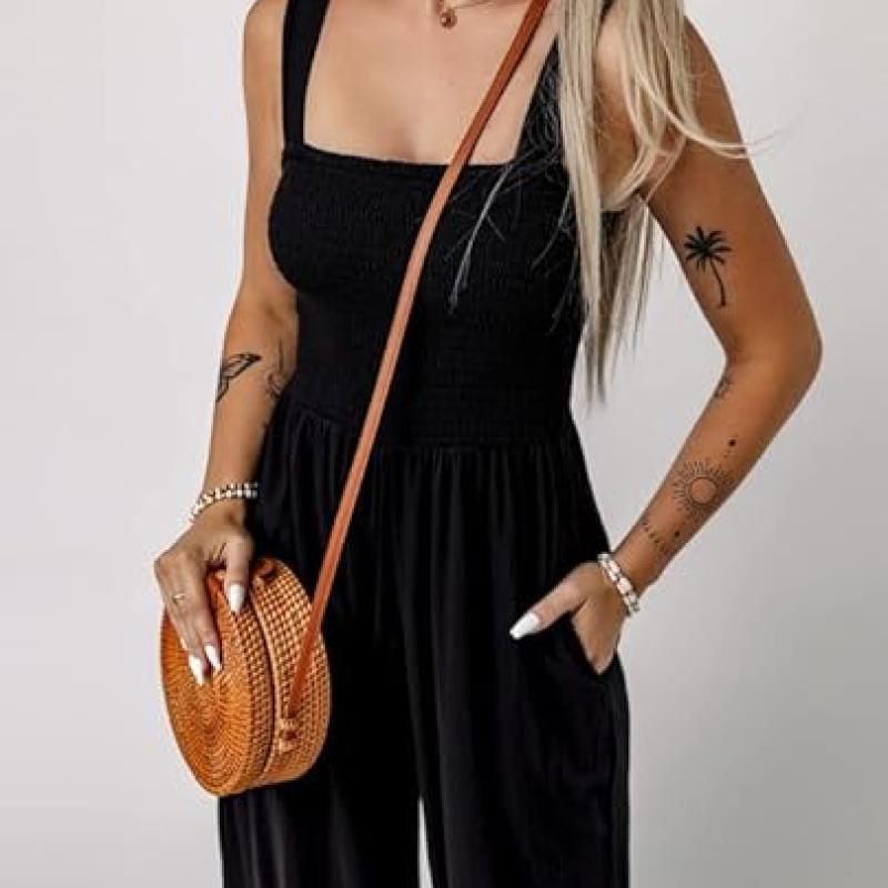 Women's Casual Loose Overalls Jumpsuits One Piece Sleeveless Wide Leg Long Pant Rompers With Pockets