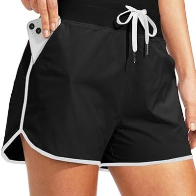 High Waisted Swim Shorts for Women with Pockets Drawstring Color Block Quick Dry Swim Shorts with Liner