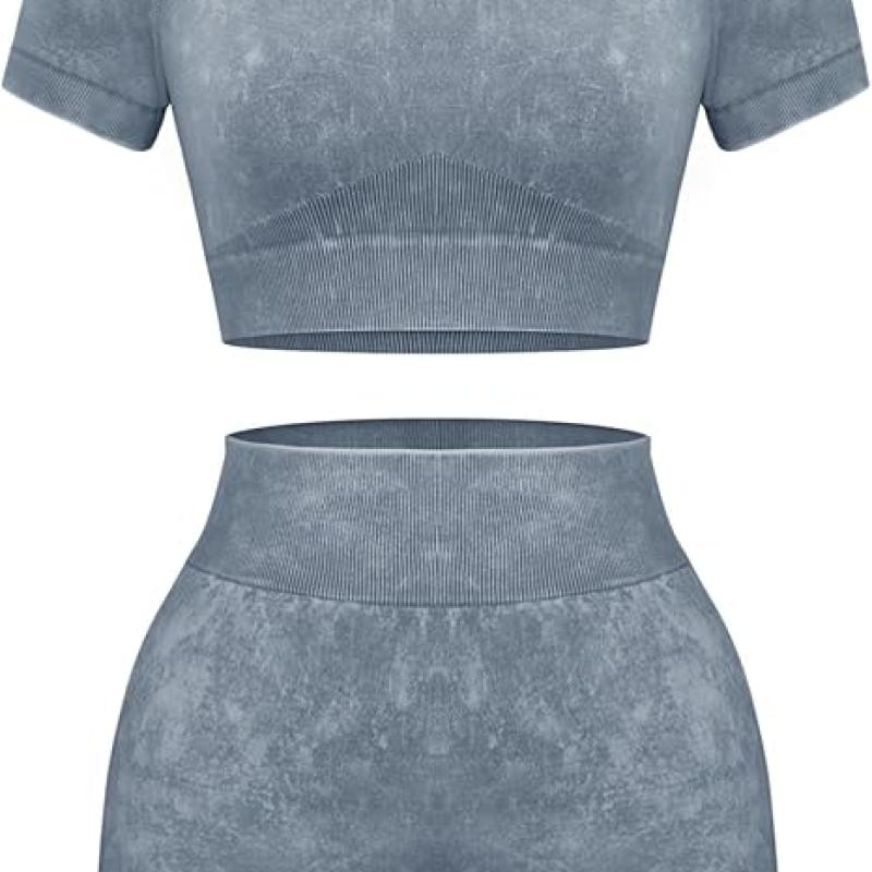 Womens Workout Sets 2 Piece - Seamless Acid Wash Yoga Outfits Shorts and Crop Top Matching Gym Athletic Clothing Set