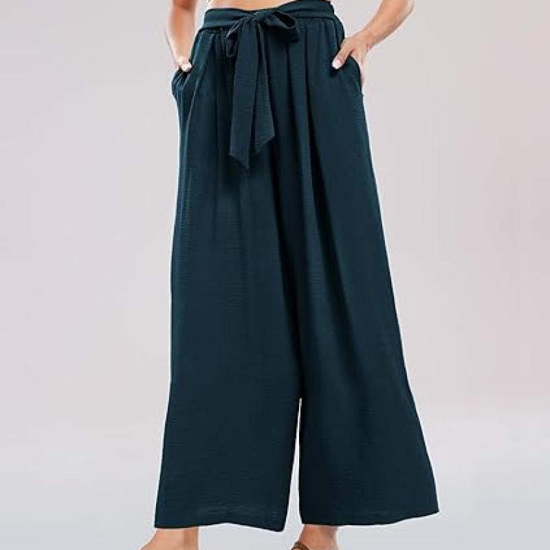 Summe Wide Leg Dress Pants for Women High Waisted Palazzo Casual Work Pants Beach Trousers with Pocket