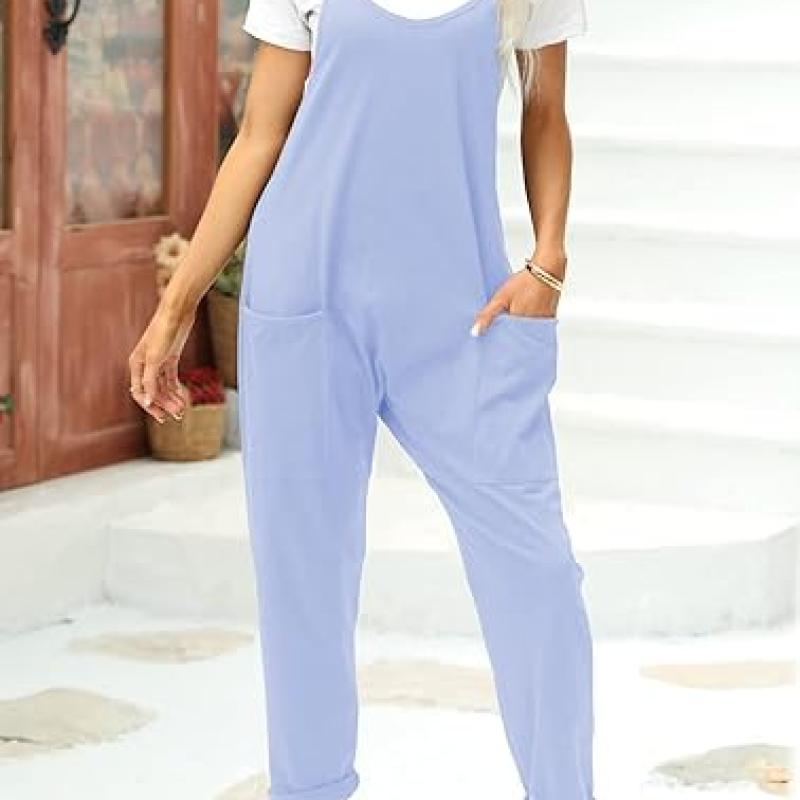 Womens Casual Sleeveless Jumpsuits Spaghetti Strap Loose Romper Long Pants with Pockets