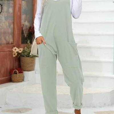 Womens Casual Sleeveless Jumpsuits Spaghetti Strap Loose Romper Long Pants with Pockets