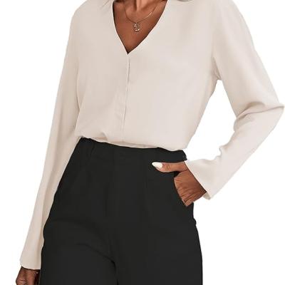 Women's Long Sleeve Shirts V Neck Business Casual Plain Work Blouses Tops