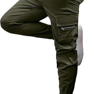 Mens Cargo Jogger Pants Elastic Waist Drawstring Regular with Zipper Pockets Cotton Pants for Men