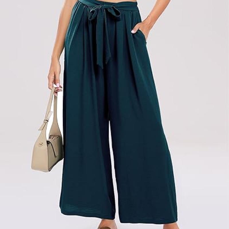 Summe Wide Leg Dress Pants for Women High Waisted Palazzo Casual Work Pants Beach Trousers with Pocket