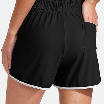 High Waisted Swim Shorts for Women with Pockets Drawstring Color Block Quick Dry Swim Shorts with Liner