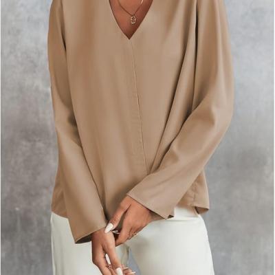Women's Long Sleeve Shirts V Neck Business Casual Plain Work Blouses Tops