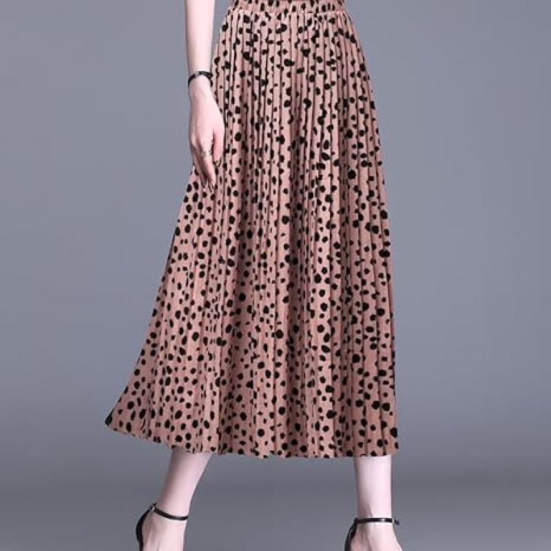 Womens Skirt Leopard Print Midi Long Shirring Pleated Skirts High Waisted A Line Skirts