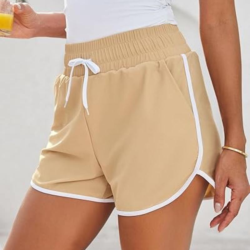 High Waisted Swim Shorts for Women with Pockets Drawstring Color Block Quick Dry Swim Shorts with Liner