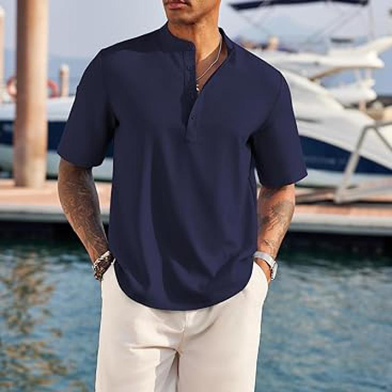 Men's Casual Henley Shirt Short Sleeve Band Collar Linen Shirt Summer Beach Hippie T-Shirts