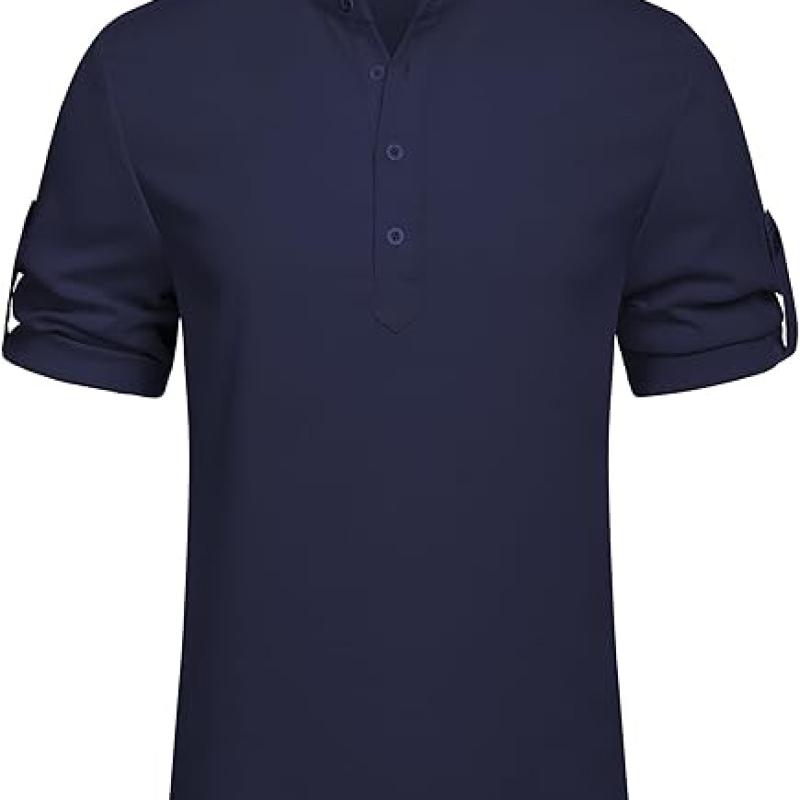 Men's Casual Henley Shirt Short Sleeve Band Collar Linen Shirt Summer Beach Hippie T-Shirts