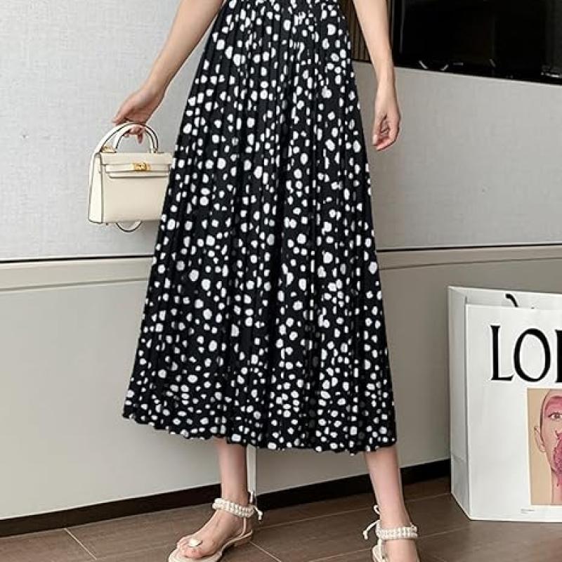 Womens Skirt Leopard Print Midi Long Shirring Pleated Skirts High Waisted A Line Skirts
