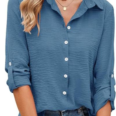 Womens Button Down Shirts V Neck Rolled Up Long Sleeve Tops Elegant Dressy Blouses Business Casual Outfits