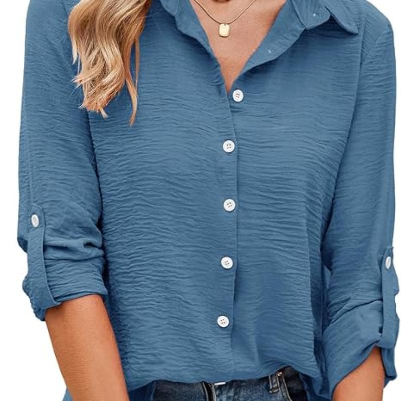 Womens Button Down Shirts V Neck Rolled Up Long Sleeve Tops Elegant Dressy Blouses Business Casual Outfits