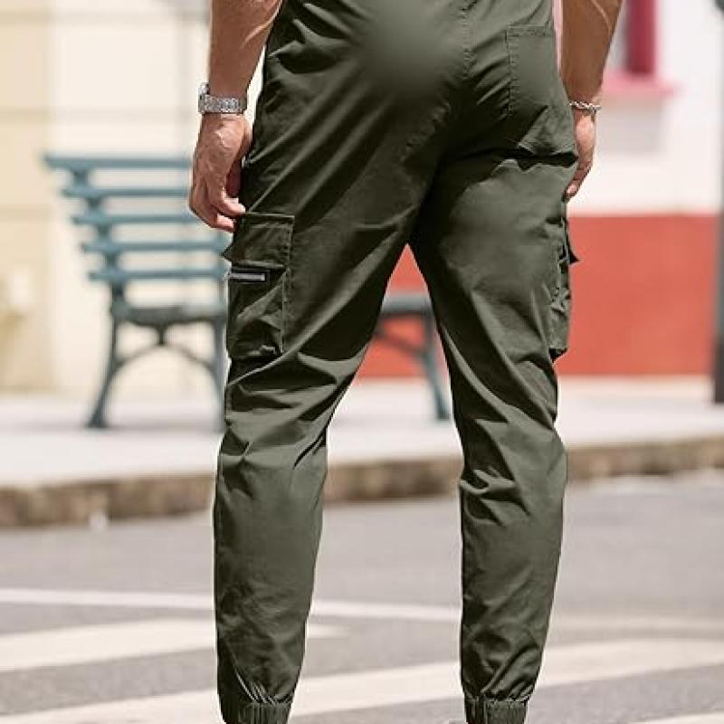 Mens Cargo Jogger Pants Elastic Waist Drawstring Regular with Zipper Pockets Cotton Pants for Men