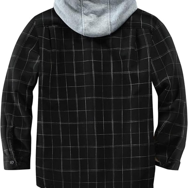 Men's Cotton Plaid Shirts Jacket Fleece Lined Flannel Shirts Sherpa Button Down Jackets with Hood for Men