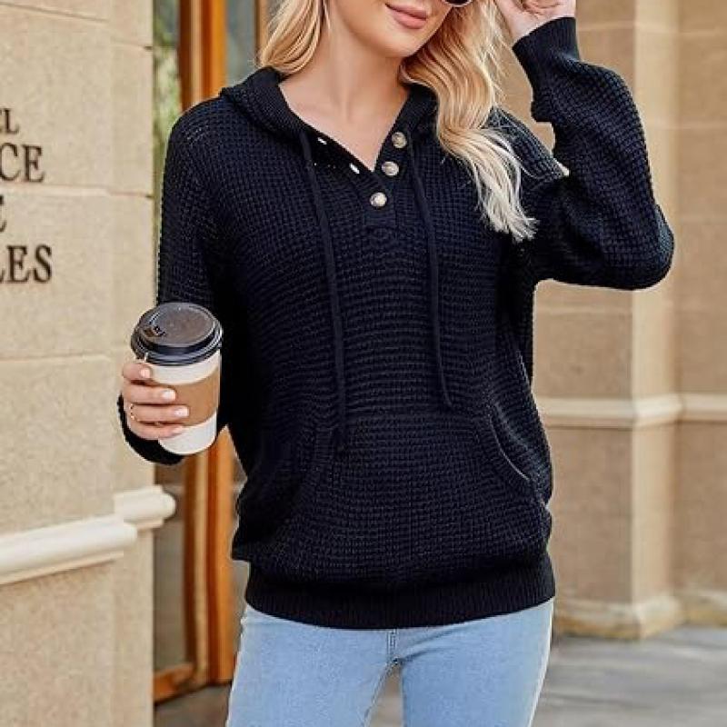 Fall Womens Oversized Hoodies Knit V Neck Sweaters Fashion Casual Pullover Tops