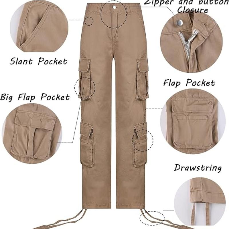 Women's High Rise Straight Leg Y2K Streetwear Cargo Pants Baggy Boyfriend Pants with Pocket