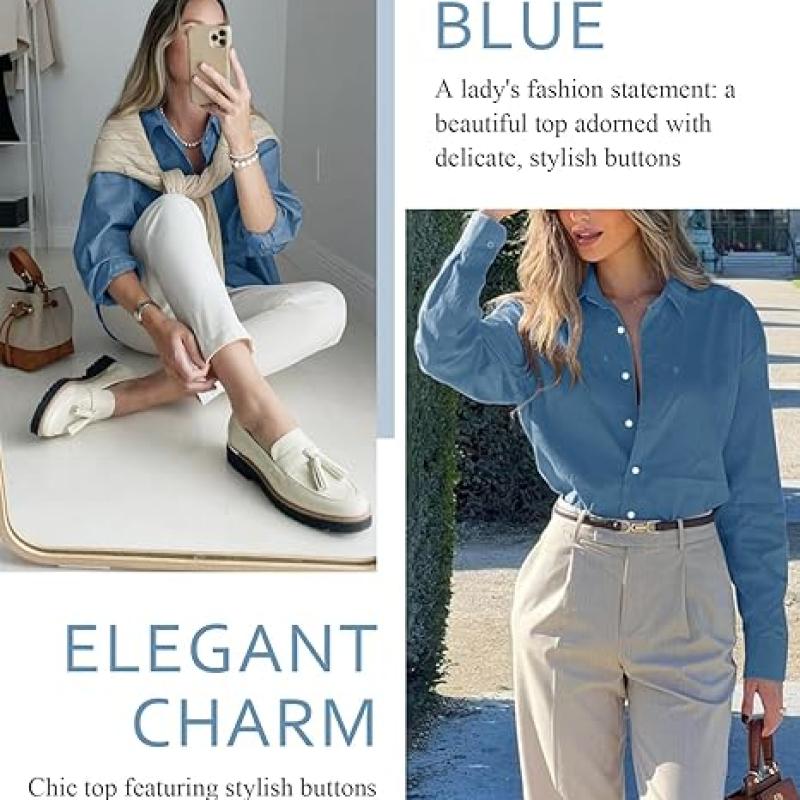 Womens Button Down Shirts V Neck Rolled Up Long Sleeve Tops Elegant Dressy Blouses Business Casual Outfits