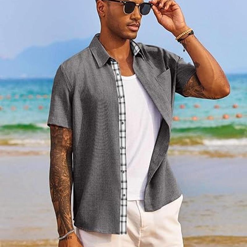 Men's Button Down Shirts Short Sleeve Casual Shirts Summer Beach Shirts Vacation Wedding Shirts with Pocket