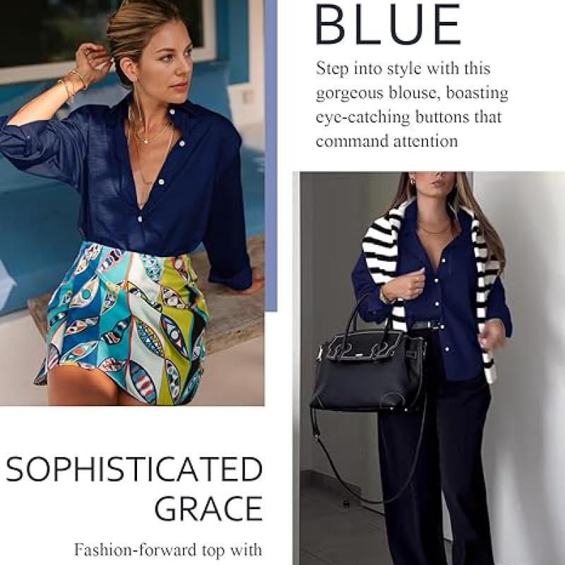 Womens Button Down Shirts V Neck Rolled Up Long Sleeve Tops Elegant Dressy Blouses Business Casual Outfits