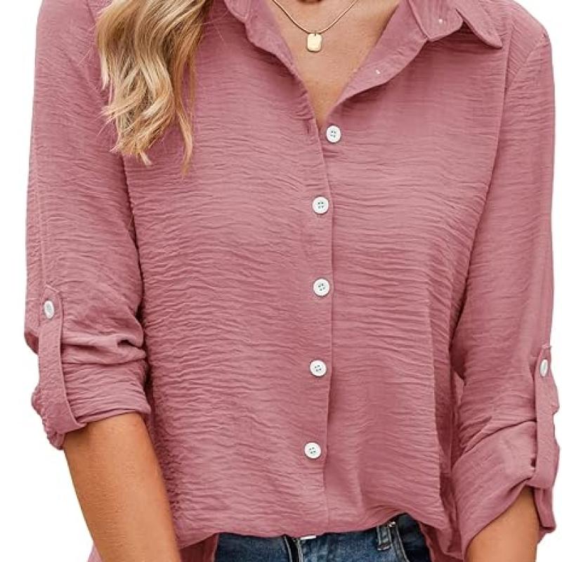 Womens Button Down Shirts V Neck Rolled Up Long Sleeve Tops Elegant Dressy Blouses Business Casual Outfits