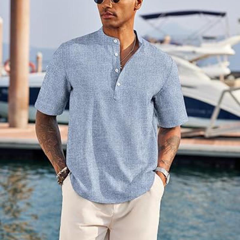 Men's Casual Henley Shirt Short Sleeve Band Collar Linen Shirt Summer Beach Hippie T-Shirts
