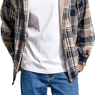 Men's Cotton Plaid Shirts Jacket Fleece Lined Flannel Shirts Sherpa Button Down Jackets with Hood for Men
