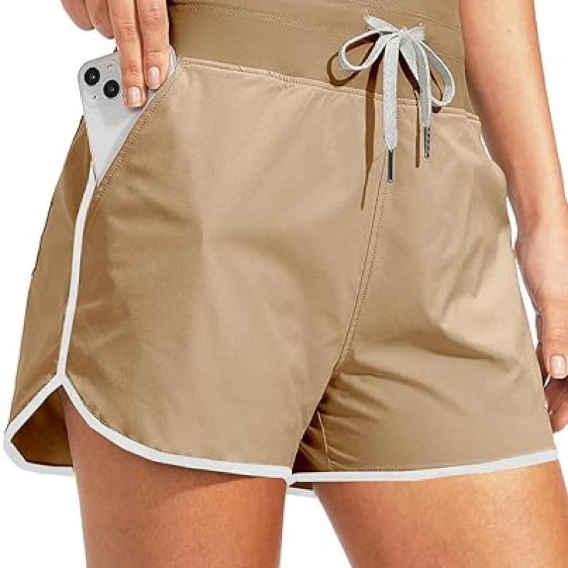 High Waisted Swim Shorts for Women with Pockets Drawstring Color Block Quick Dry Swim Shorts with Liner