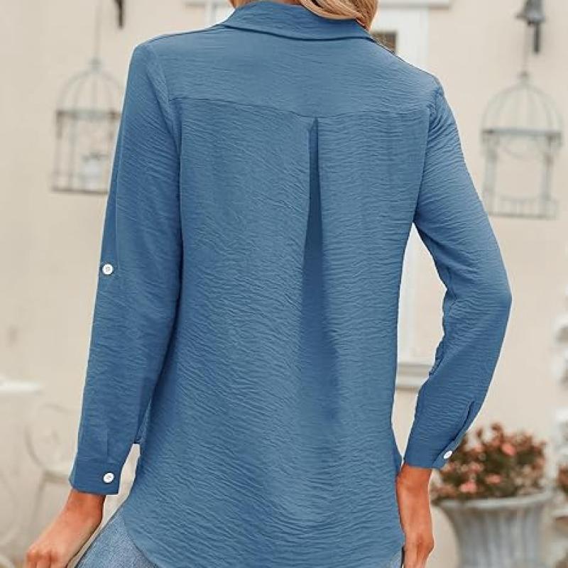 Womens Button Down Shirts V Neck Rolled Up Long Sleeve Tops Elegant Dressy Blouses Business Casual Outfits