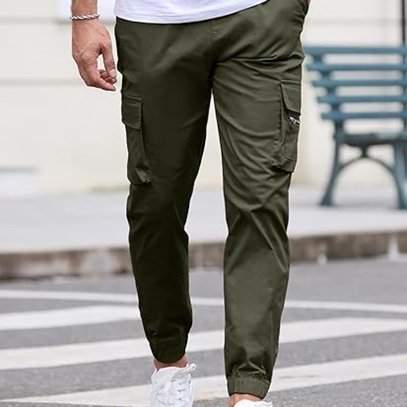 Mens Cargo Jogger Pants Elastic Waist Drawstring Regular with Zipper Pockets Cotton Pants for Men
