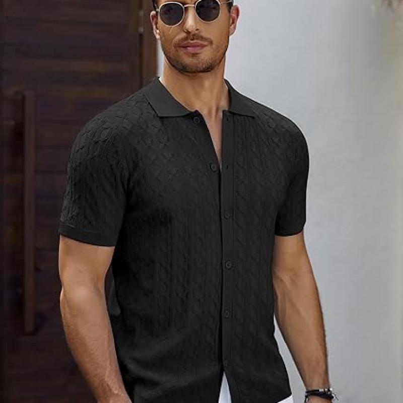 Men's Knit Short Sleeve Shirts Button Down Vintage Knitted Polo Shirt Casual Beach Crochet Cable Vacation Shirt