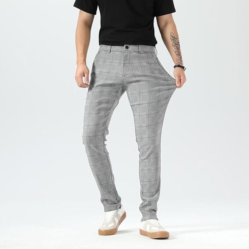 Men's Plaid Pants Skinny Dress Pants for Men Skinny Chino Pants Men