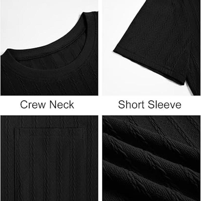 Mens Short Sleeve T-Shirts Casual Knit Texture Crewneck Pocket Tee Tops Loose Fit Summer Shirt