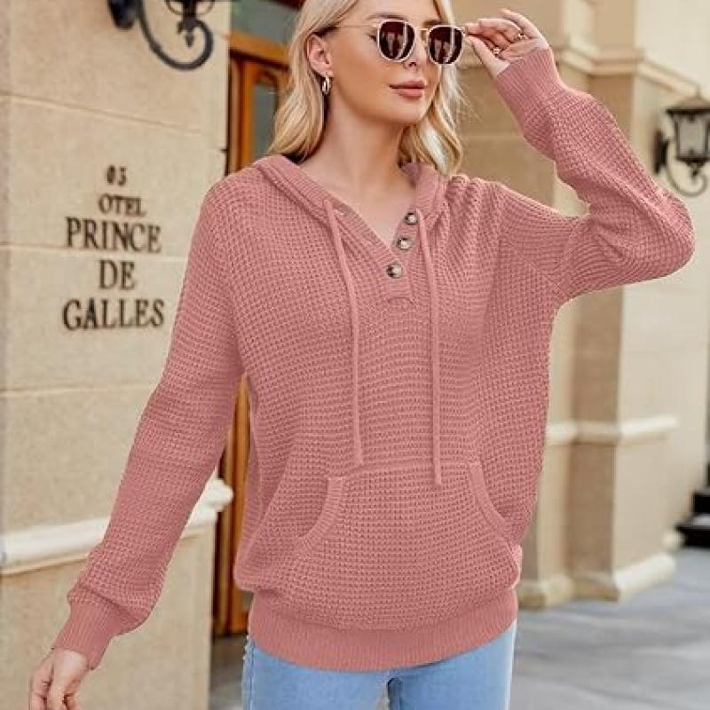 Fall Womens Oversized Hoodies Knit V Neck Sweaters Fashion Casual Pullover Tops