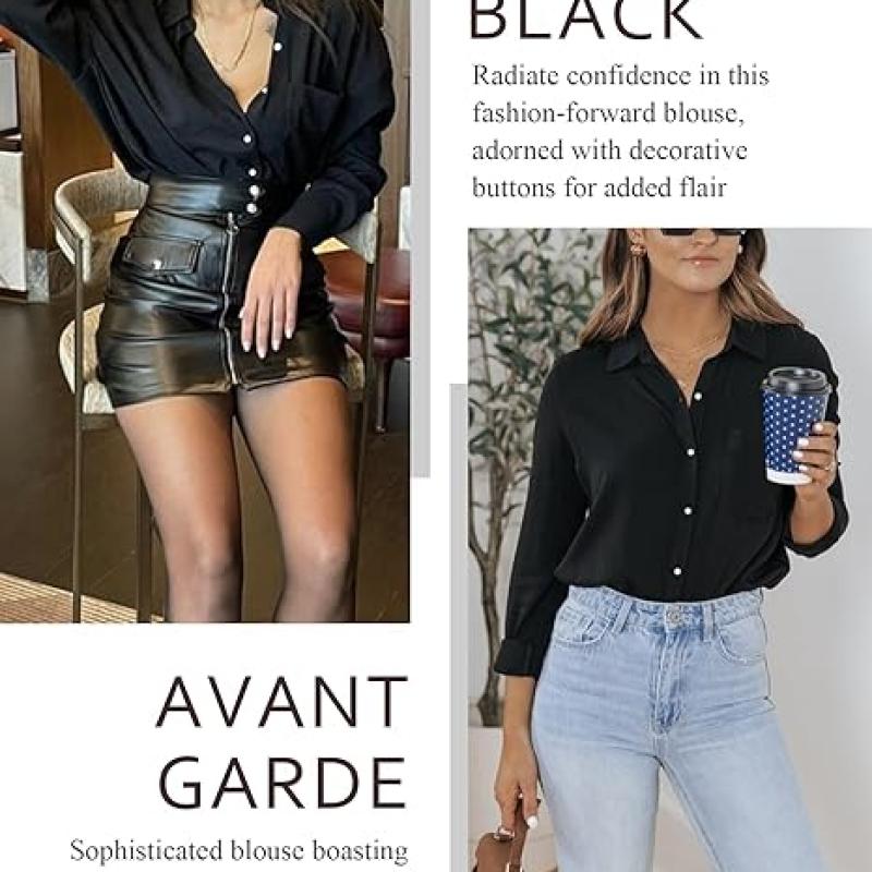 Womens Button Down Shirts V Neck Rolled Up Long Sleeve Tops Elegant Dressy Blouses Business Casual Outfits