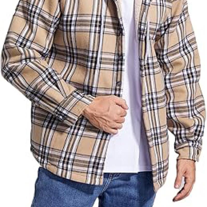 Men's Cotton Plaid Shirts Jacket Fleece Lined Flannel Shirts Sherpa Button Down Jackets with Hood for Men