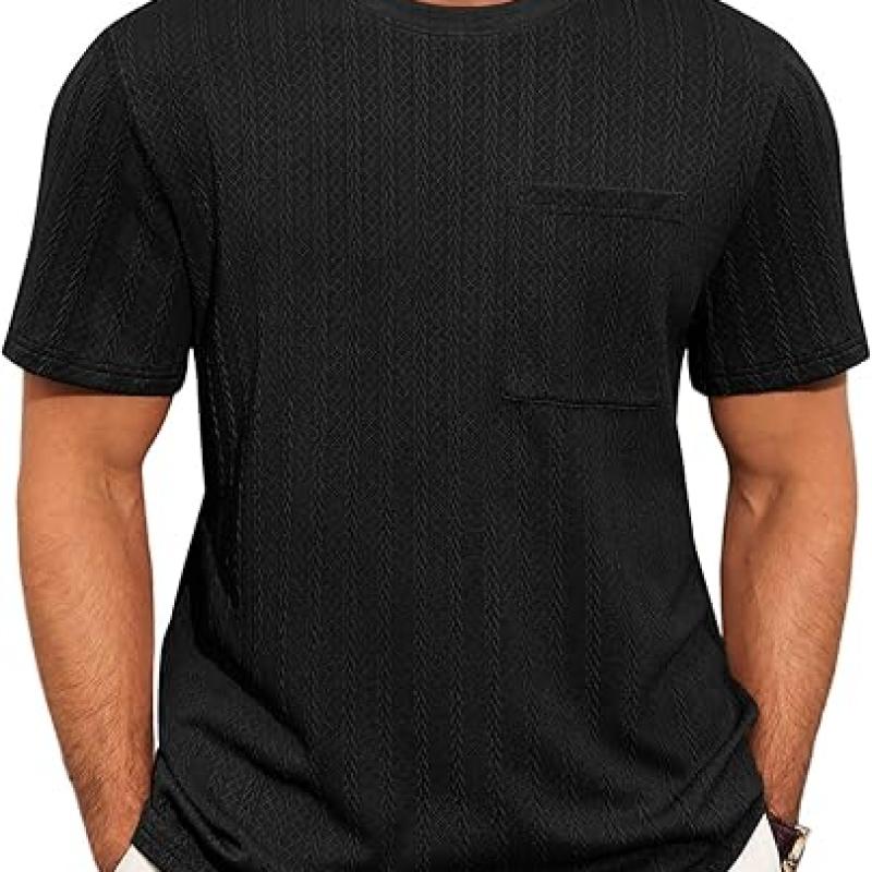 Mens Short Sleeve T-Shirts Casual Knit Texture Crewneck Pocket Tee Tops Loose Fit Summer Shirt