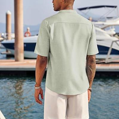 Men's Casual Henley Shirt Short Sleeve Band Collar Linen Shirt Summer Beach Hippie T-Shirts