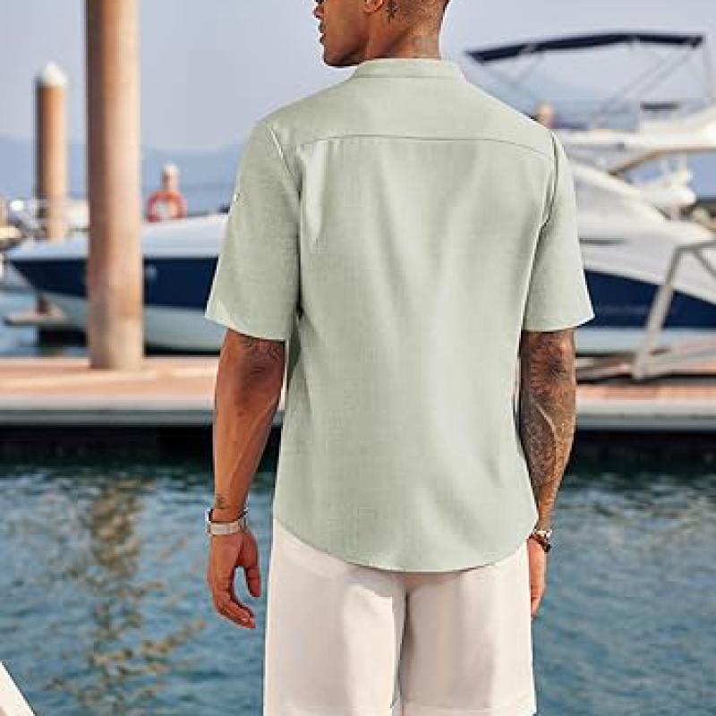 Men's Casual Henley Shirt Short Sleeve Band Collar Linen Shirt Summer Beach Hippie T-Shirts
