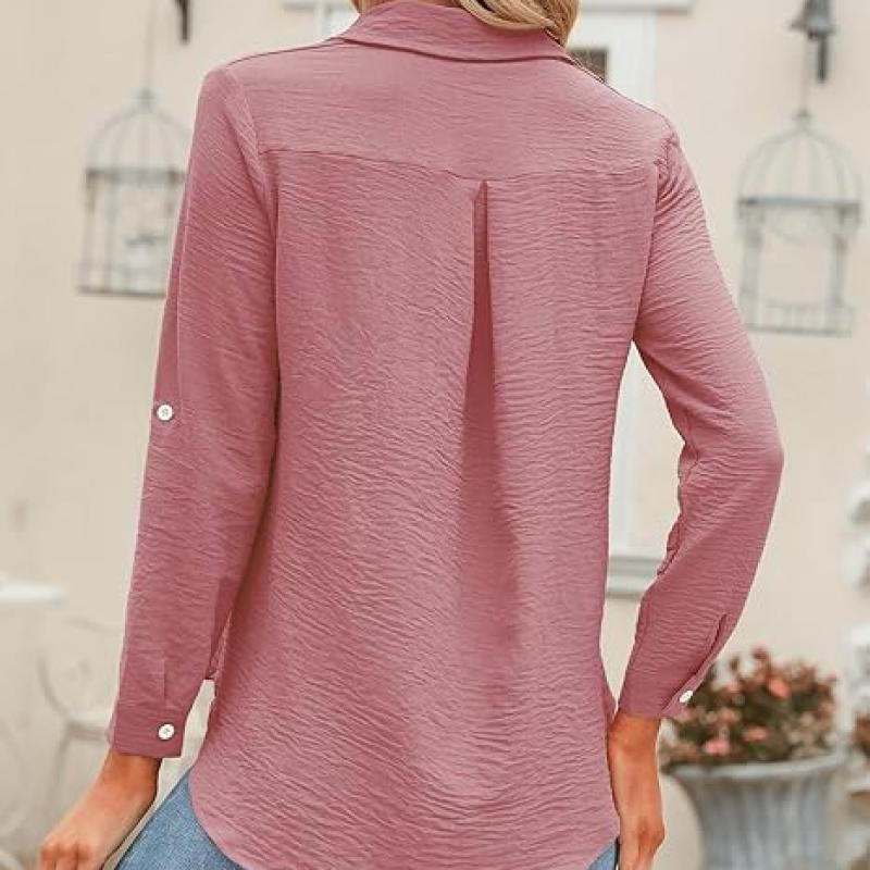 Womens Button Down Shirts V Neck Rolled Up Long Sleeve Tops Elegant Dressy Blouses Business Casual Outfits