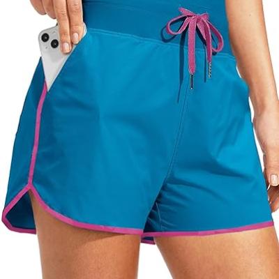 High Waisted Swim Shorts for Women with Pockets Drawstring Color Block Quick Dry Swim Shorts with Liner