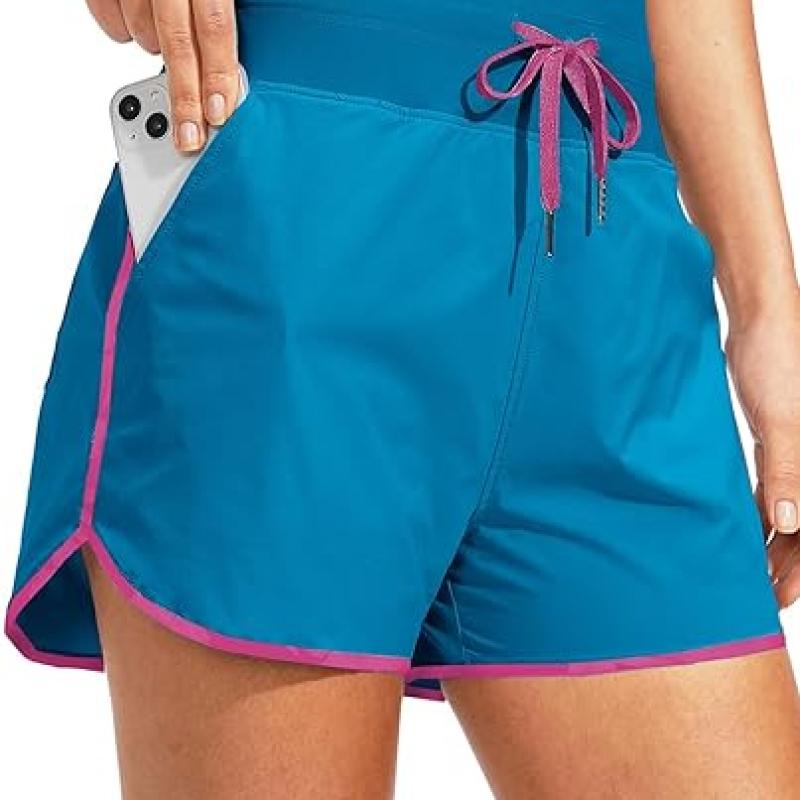 High Waisted Swim Shorts for Women with Pockets Drawstring Color Block Quick Dry Swim Shorts with Liner