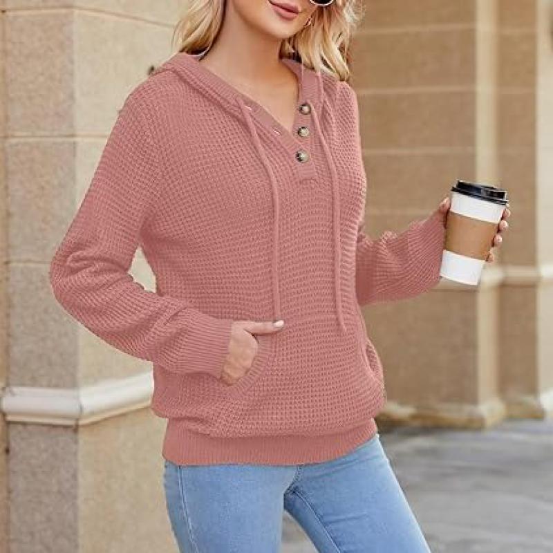Fall Womens Oversized Hoodies Knit V Neck Sweaters Fashion Casual Pullover Tops